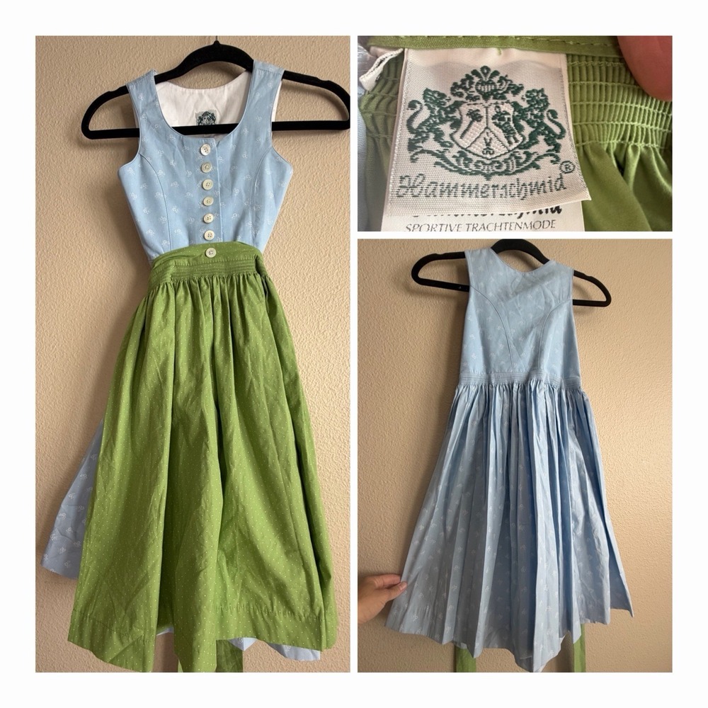 Authentic Hammerschmid Girls Dirndl Dress Set Size 128 US 7/8 Light Blue Green